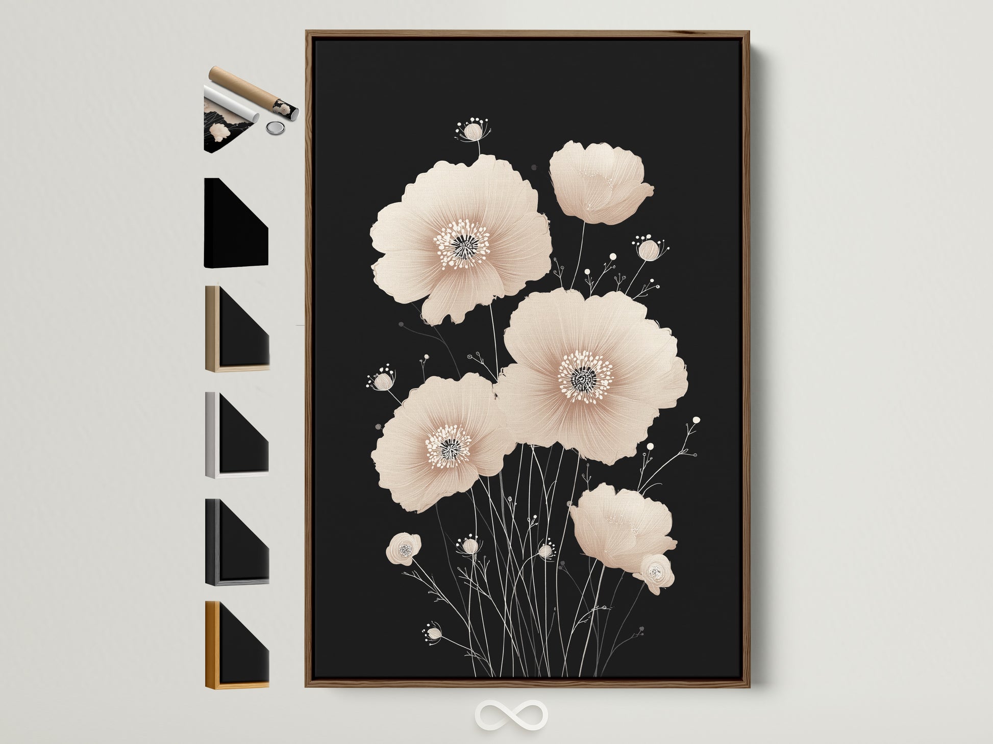 Beige Poppy Flower Artwork in a Brown Frame. This minimalist botanical art print adds a touch of Scandinavian elegance to any room. Frame options are displayed on the side. The neutral tones and delicate floral design make it ideal for bedroom wall decor or living room art.