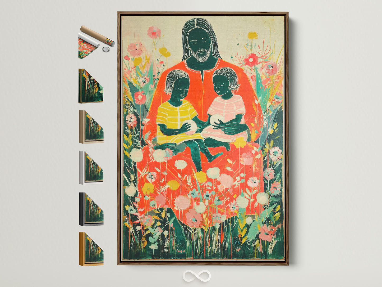 Explore framing options for your art. This photo showcases a brown frame. All frame styles are displayed on the side. Find the perfect frame to complement your artwork and home decor. Choose from a variety of colors and materials. Elevate your art with our premium framing solutions.