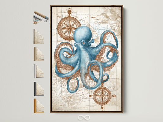 A captivating octopus artwork is displayed in a brown frame. The artwork features a blue octopus with intricate details. A nautical map serves as the background. All frame options are visible on the side. This framed artwork adds a touch of marine charm to any interior. Perfect for ocean lovers and art enthusiasts alike