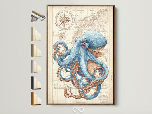 A captivating octopus artwork in a brown frame. The artwork features a detailed map background. This framed piece is perfect for adding a nautical touch to any room. All frame options are visible on the side. A great choice for ocean art lovers.