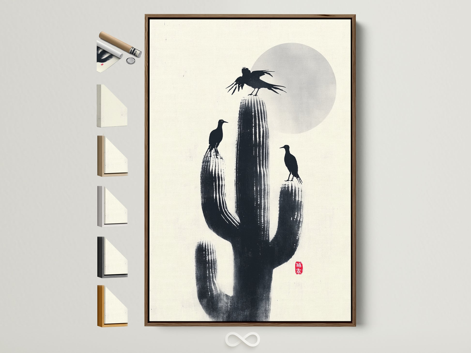 Cactus Birds Canvas Print in a brown frame. Desert silhouette artwork adds southwestern decor to your study room. This nature canvas print features minimalist monochrome art. A zen wall art piece with desert birds.