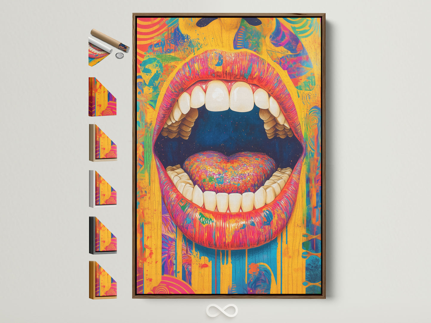 A vibrant psychedelic mouth artwork print is displayed in a brown frame. Options for frame styles are visible. This surreal pop art canvas features rainbow colors. It's perfect as funky wall decor for bedroom or living spaces.