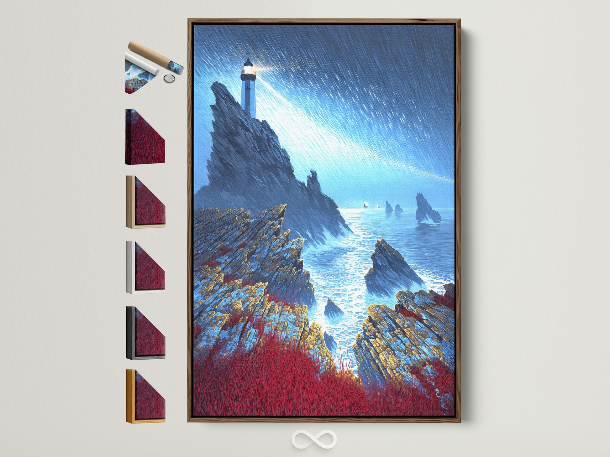 Lighthouse Seascape artwork in a brown frame. Multiple frame options are displayed on the side. This coastal wall art features a dramatic ocean view. Perfect nautical decor for a coastal home. The artwork captures a serene sea landscape with vibrant colors