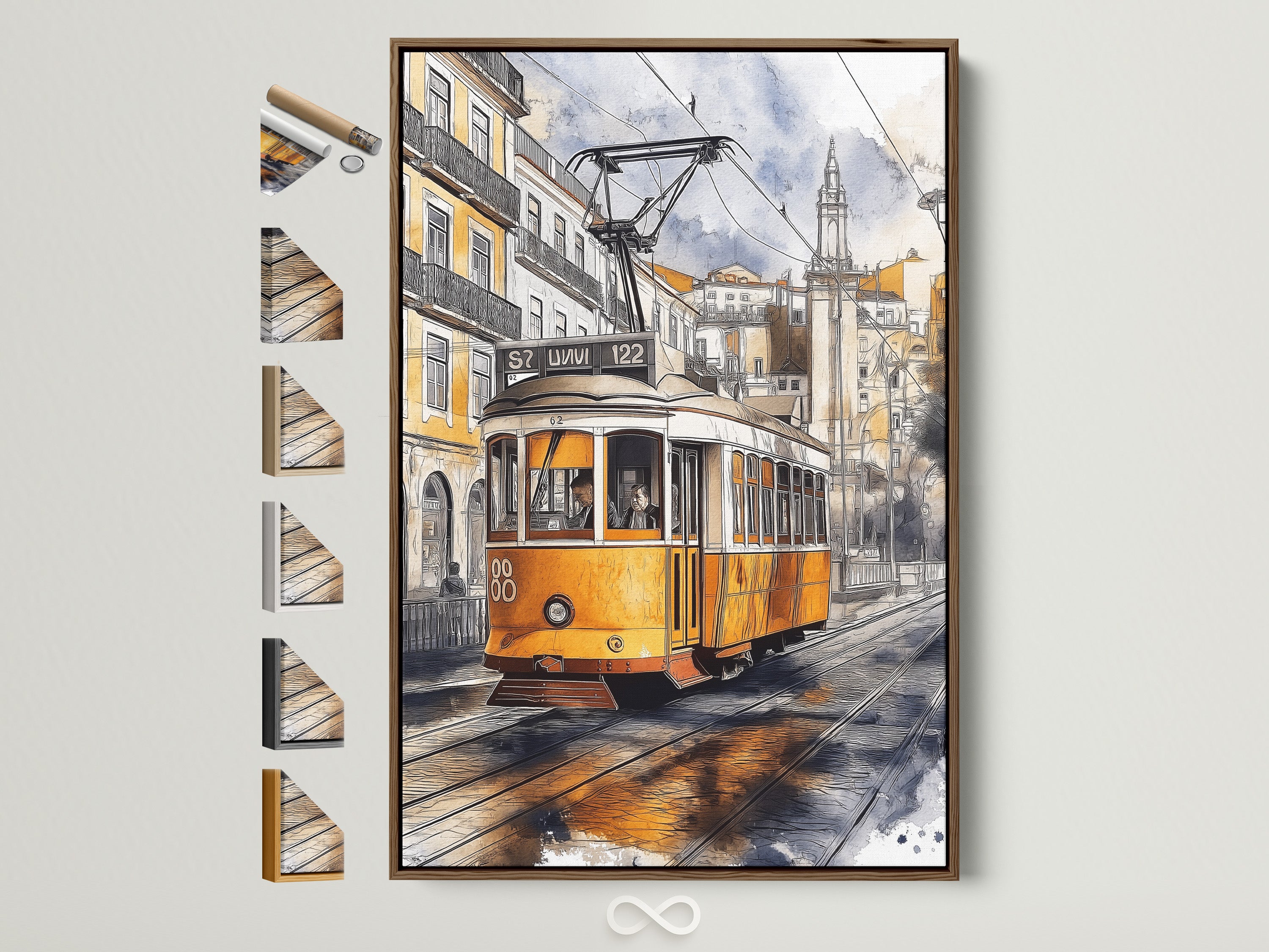 Vintage tram artwork with a brown frame. See all available frame options to enhance this Lisbon street scene. Perfect European city wall decor for minimalist spaces. Explore framing choices.