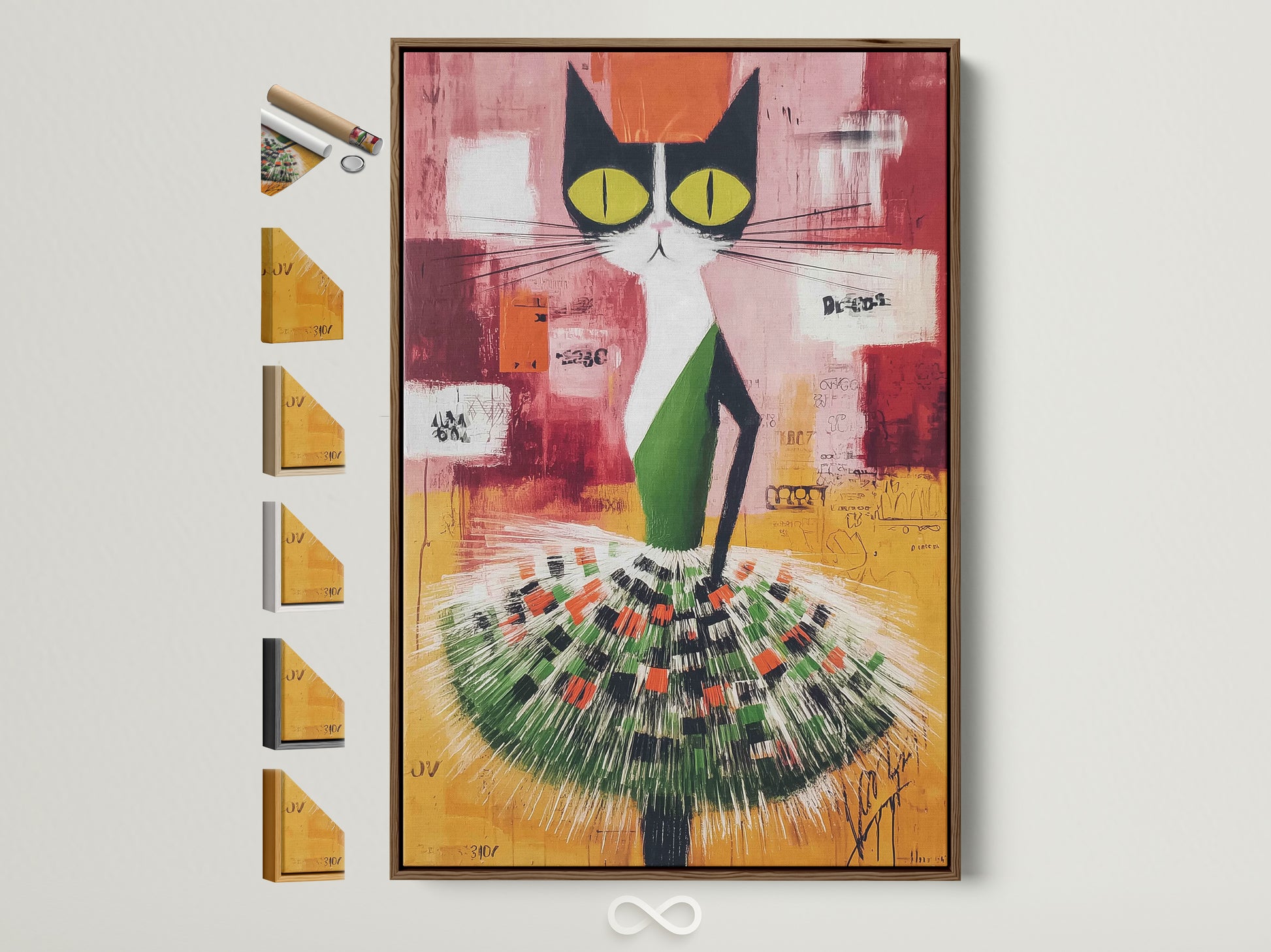 Abstract Cat art print in a brown frame. The artwork features a cat in a tutu with green and orange accents. This folk art canvas adds a whimsical touch. It is perfect for kids' room decor or a playful art piece.