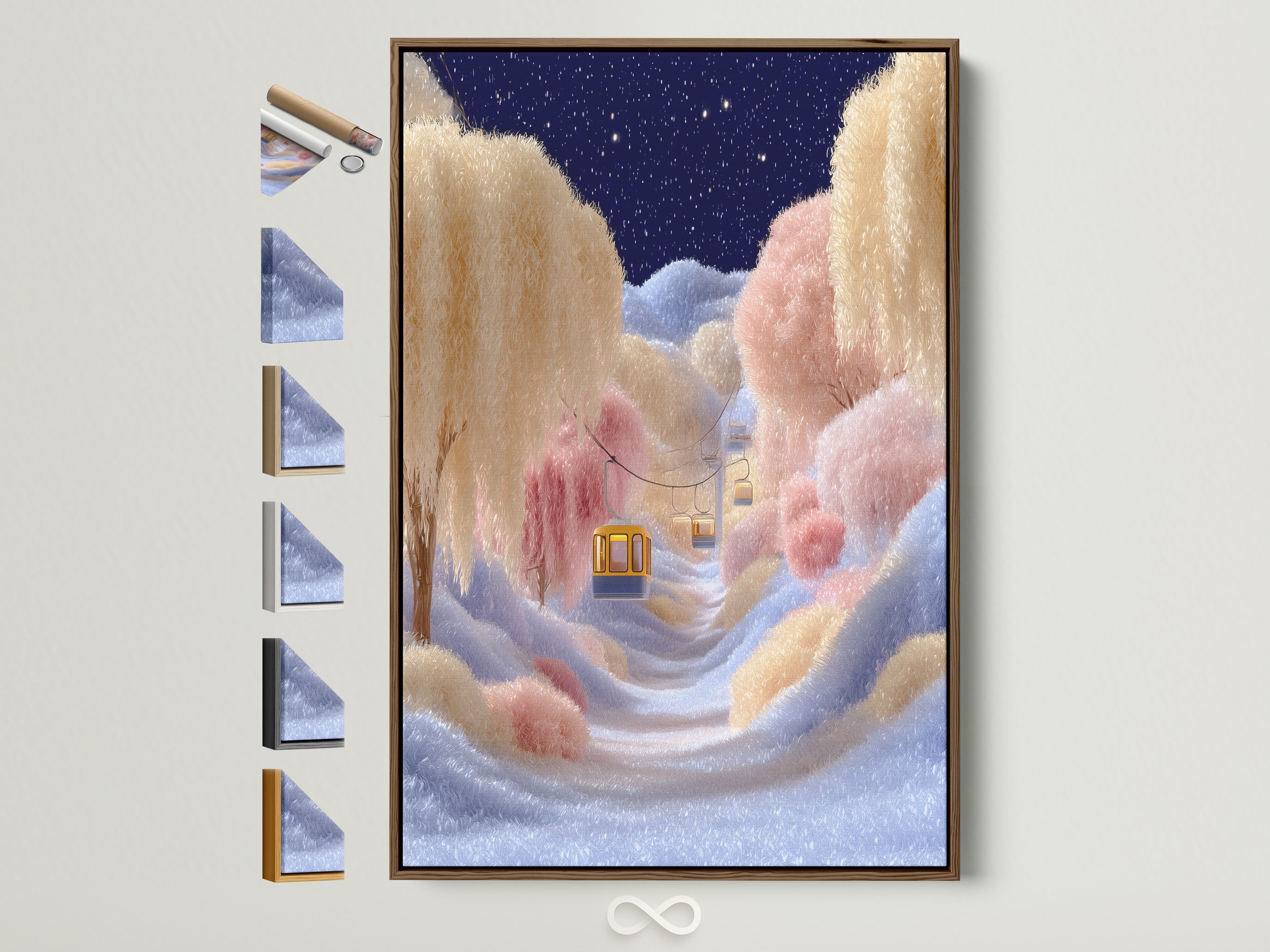 Dreamy Cloud Landscape Art in a brown frame. This whimsical sky canvas print features pastel colors. Perfect fantasy wall art for a nursery or bedroom. The artwork has frame options displayed on the side.