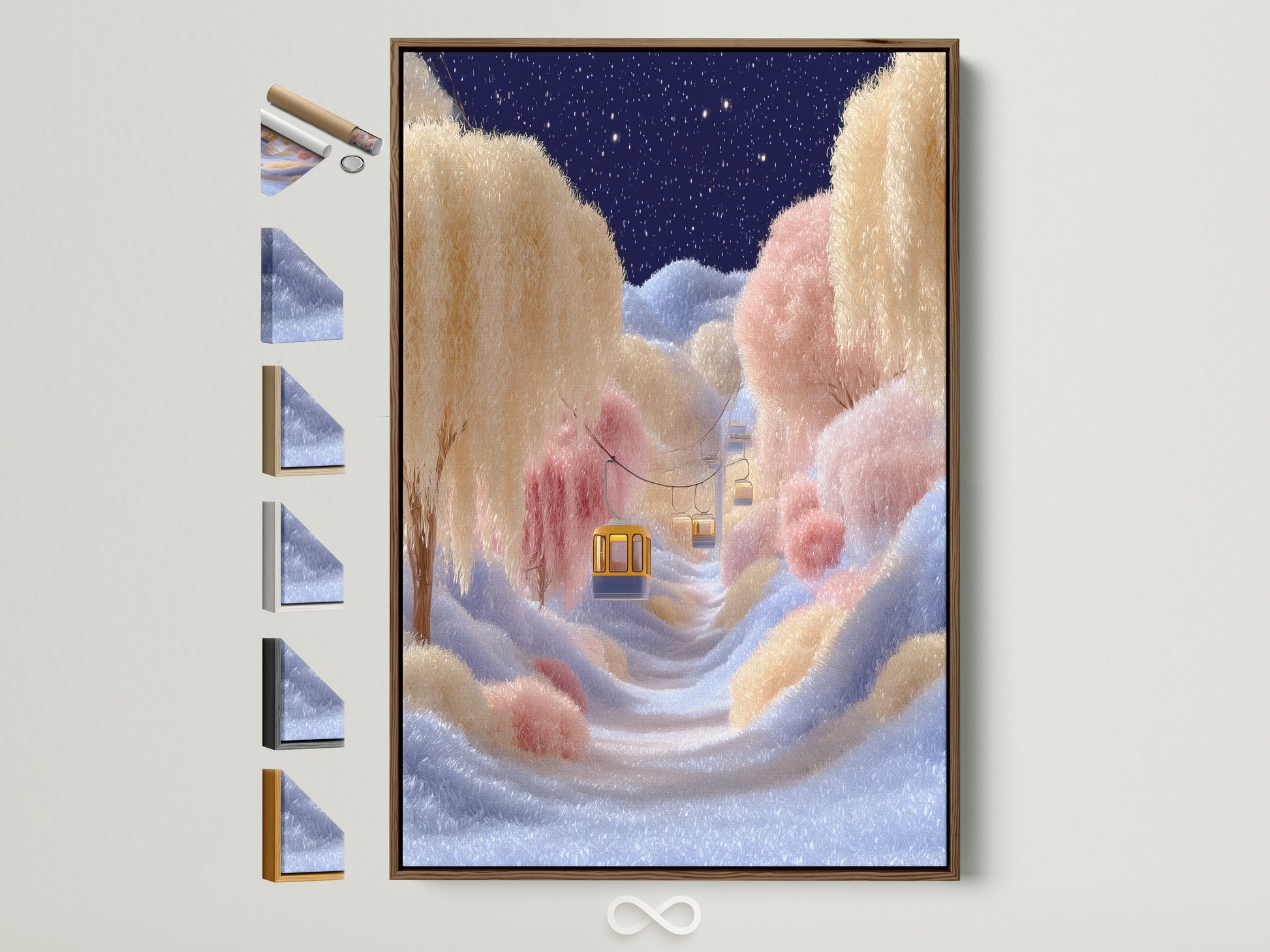 Dreamy Cloud Landscape Art in a brown frame. This whimsical sky canvas print features pastel colors. Perfect fantasy wall art for a nursery or bedroom.  The artwork has frame options displayed on the side.
