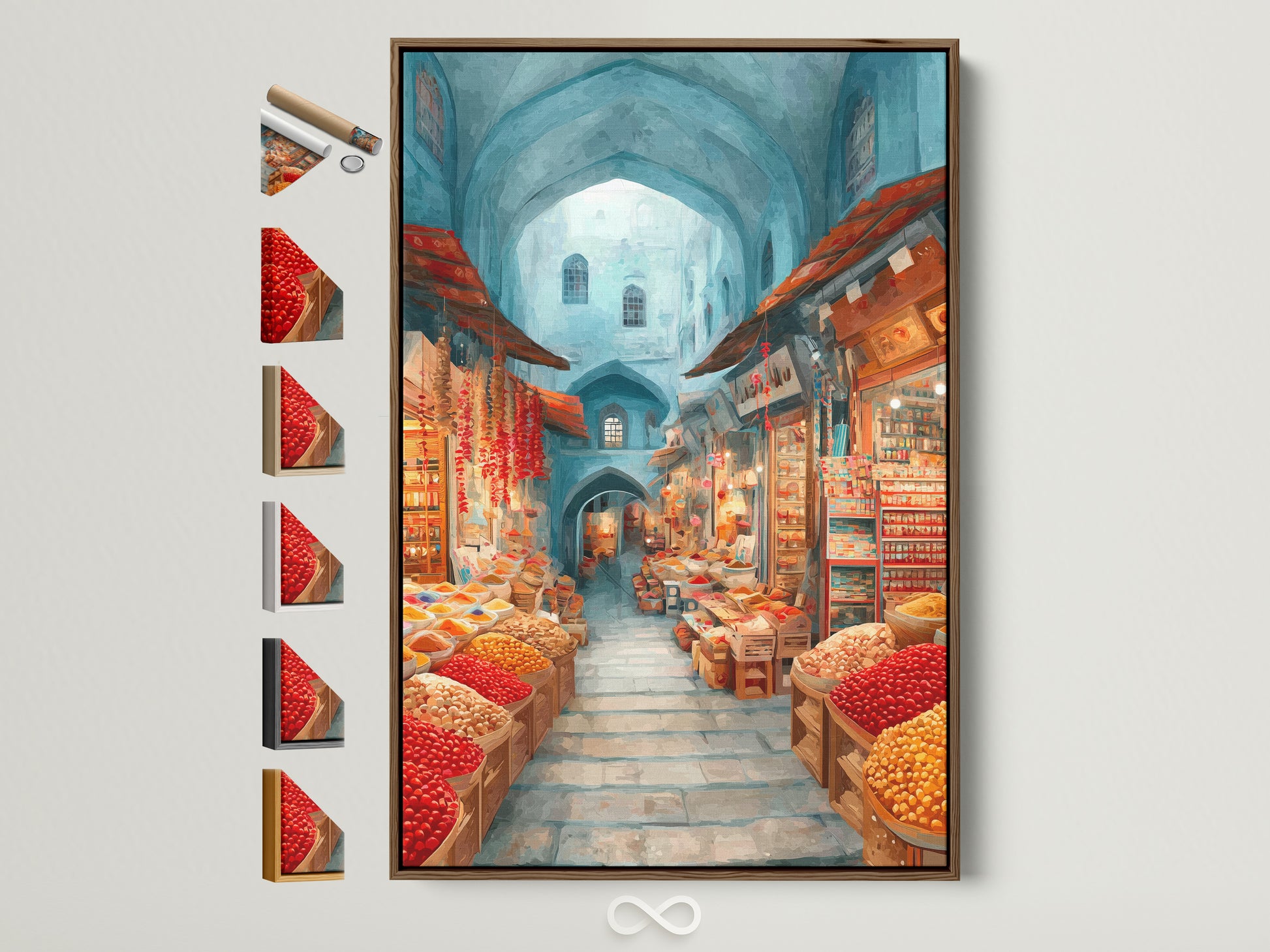 Spice Market artwork with a brown frame. The artwork shows a vibrant Middle Eastern bazaar scene. Teal and red colors create a captivating display. Frame options are showcased on the side.