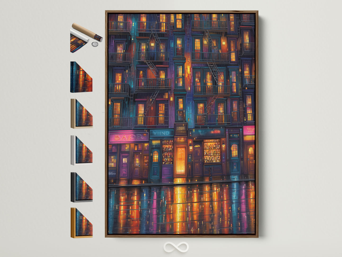 Cityscape at Night artwork with a brown frame. The artwork features urban neon wall art. Modern city reflection artwork for home decor is showcased. See all frame options available on the side.