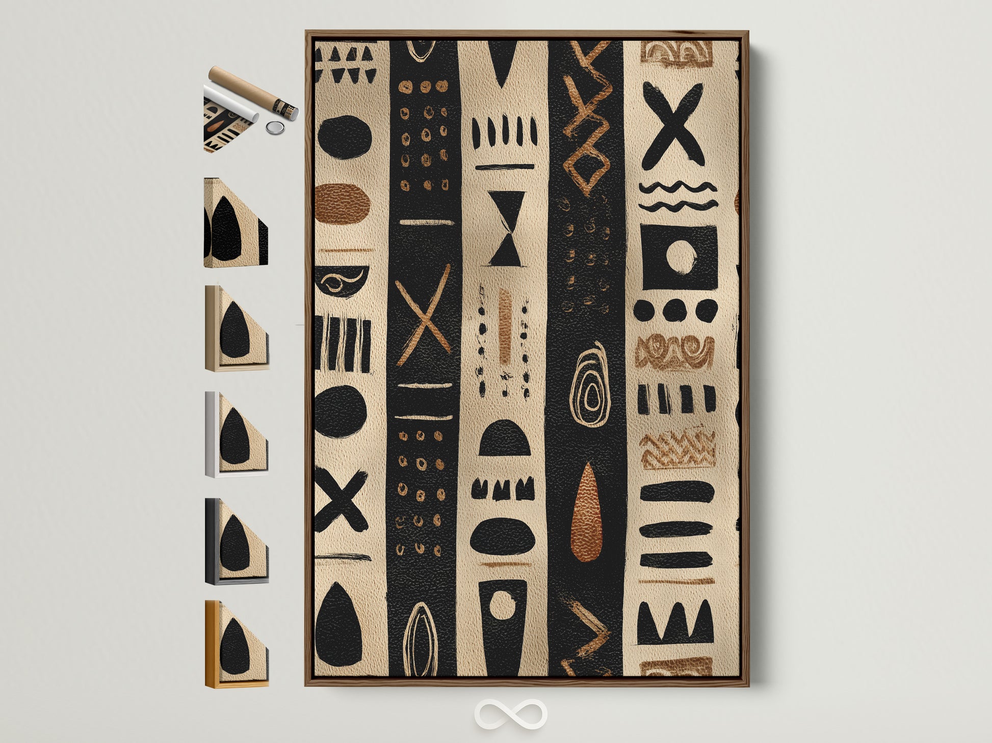 Artwork in a brown frame. The artwork has black and tan stripes with tribal inspired shapes. All frame options are displayed on the side. The artwork is hanging on a white wall. The frame complements the artwork.