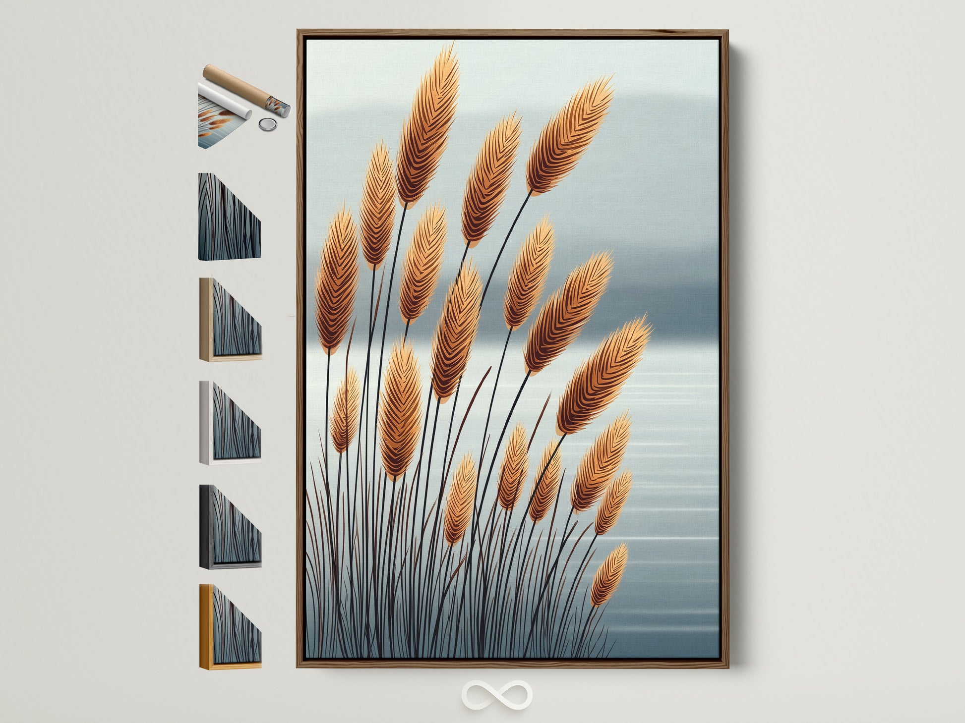 Pampas Grass artwork with a brown frame is showcased. The artwork is elegantly displayed with various frame options arrayed beside it. This neutral beige wall art adds minimalist botanical touch to any room. Perfect for adding a scandi or boho vibe.