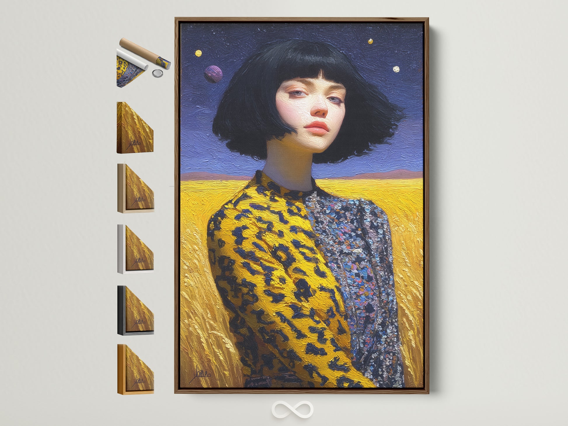 A surreal portrait canvas artwork is displayed in a brown frame. The artwork features a woman with a bob haircut. Different frame options are showcased on the side. Perfect wall art for modern contemporary and eclectic spaces.