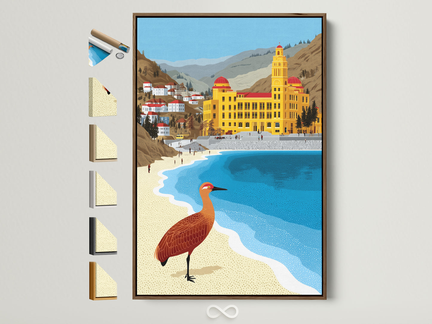 Coastal bird canvas artwork in a brown frame. All frame options are displayed on the side. Perfect beach town wall decor. Ochre and teal artwork. Enhance your space with seaside architecture art.