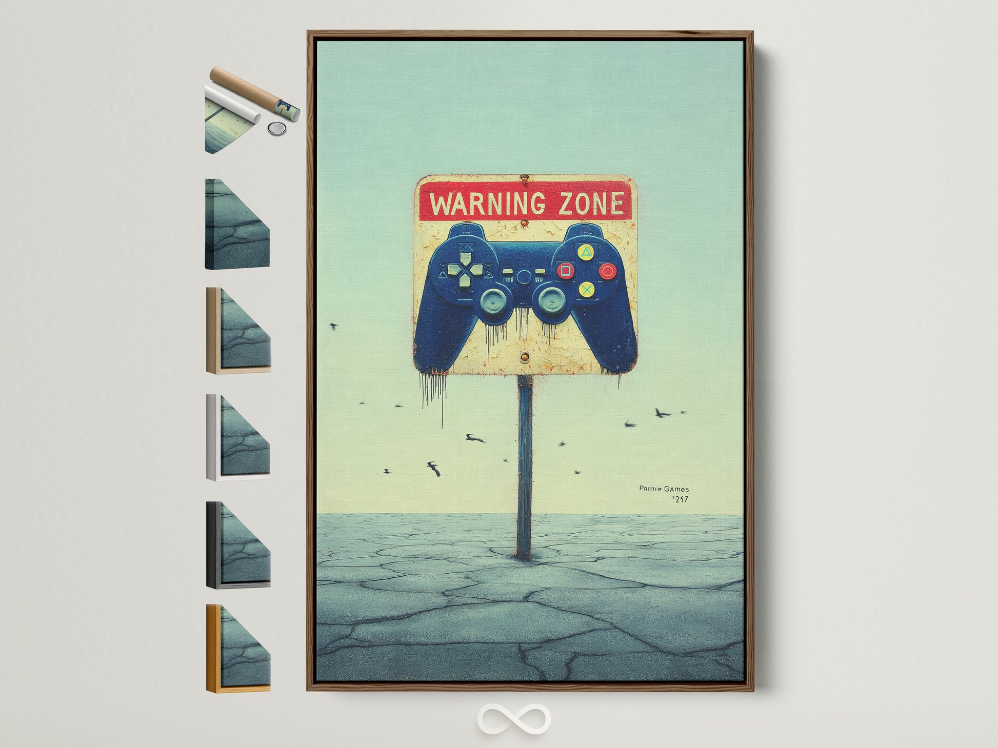 Gaming Zone Canvas Print with a brown frame. All frame options are displayed on the side. This controller wall art is great gamer room decor. It makes a cool teen boy gift. The artwork is modern with blue and gray tones.
