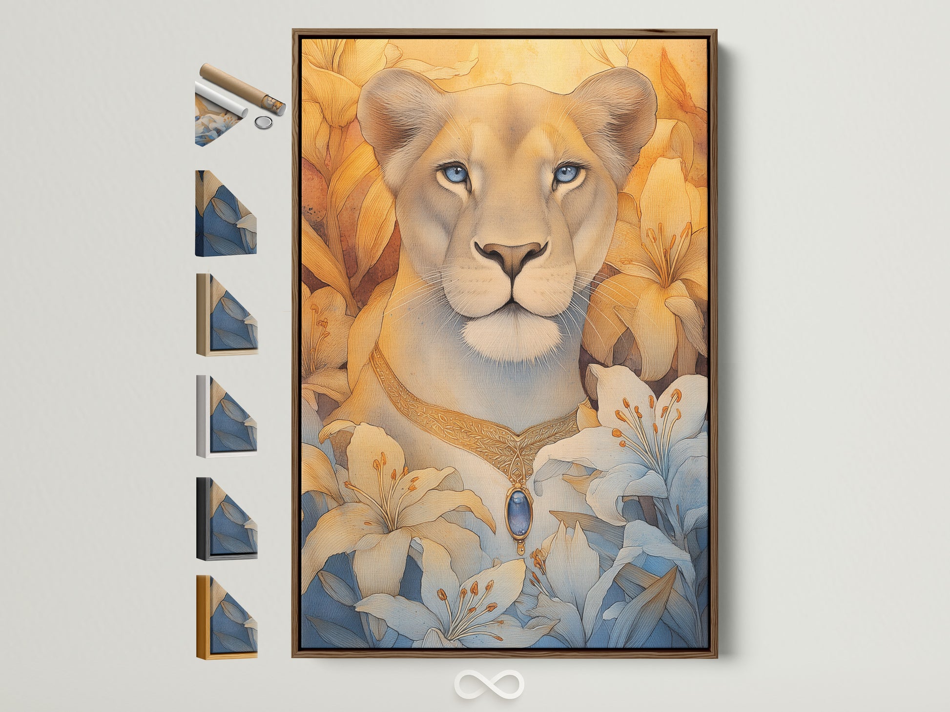 Lioness Portrait Canvas Art with Blue Eyes. A brown frame showcases all frame options. This floral wildlife art is perfect for bedroom wall decor. It adds contemporary style and feminine touch. Explore our big cat artwork today