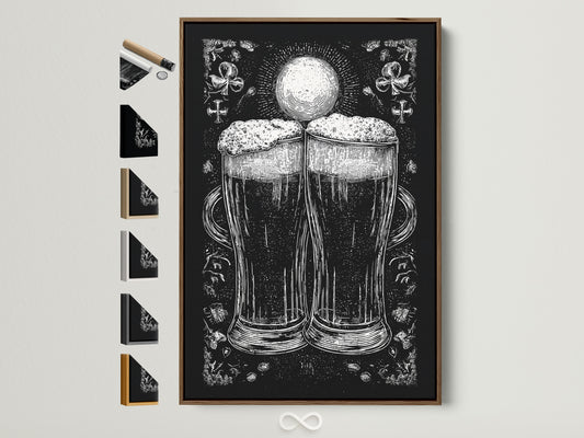 A framed artwork is on display. The art is in a brown frame. All frame options are visible on the side. The artwork features a monochromatic illustration of two beer glasses. The beer glasses are the focal point. The print adds a touch of elegance to any room.