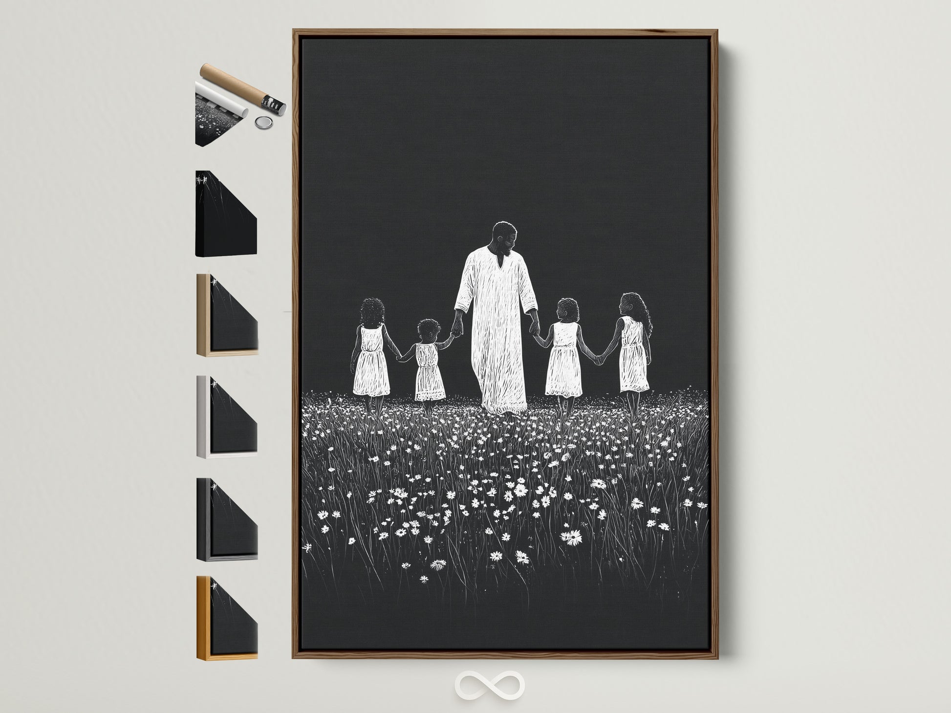 Artwork with a thin Brown frame. The art features a symbolic depiction. It shows a man holding hands with children in a field of flowers. This art piece is framed in a simple thin Brown frame. All frame options are available and visible on the side.