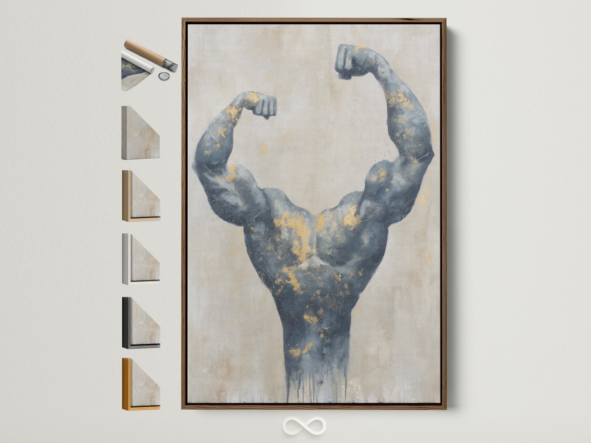 Framed bodybuilder art with gold accents. The gray muscle canvas features a brown frame. See the frame options available. Perfect gym wall art or fitness decor for modern minimalist spaces.