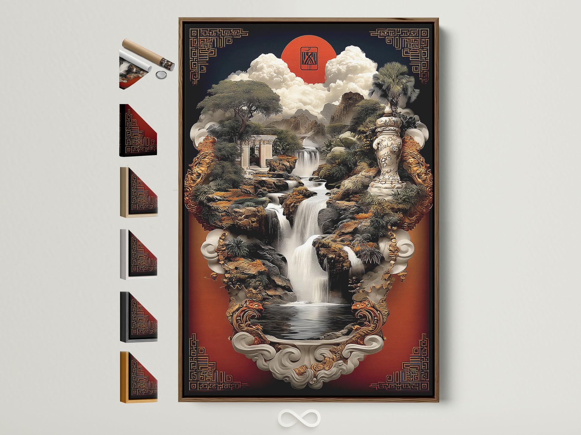 Brown frame displays an Asian Zen Garden Wall Art. The oriental style artwork is ideal for a meditation room. View all frame options for this waterfall landscape canvas print. Perfect serene scenery for calming art.