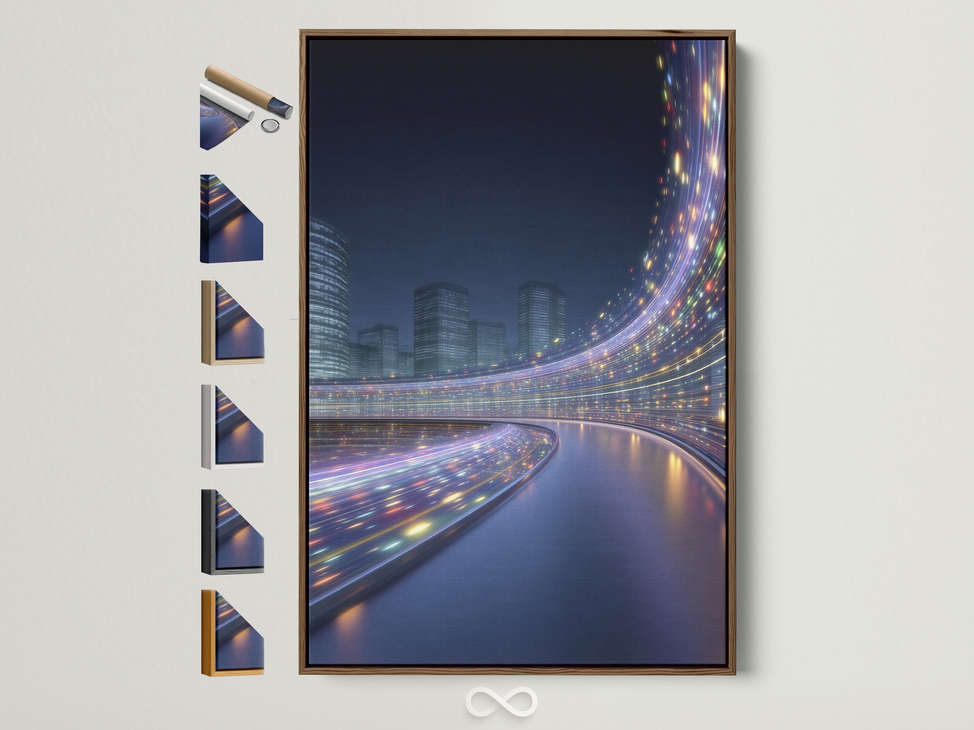 Futuristic cityscape artwork is displayed in a brown frame. The artwork features a modern urban scene with digital city lights. This contemporary wall art adds a touch of sophistication to any room. It also shows all the frame options available for purchase.