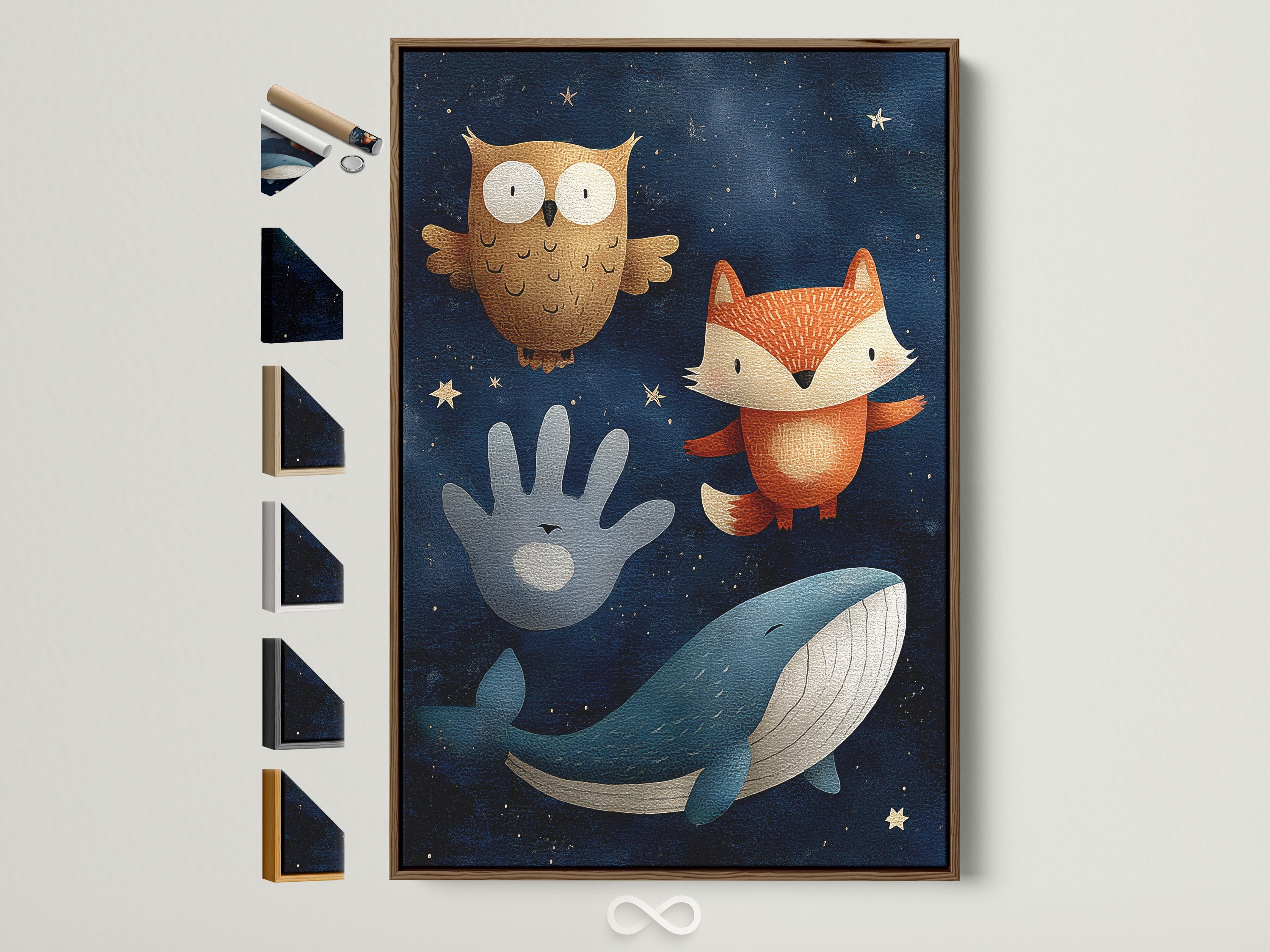 A framed art print features an owl a fox a hand and a whale. The artwork is set against a dark blue starry background. The frame is a light brown color. See all frame options for your art prints.