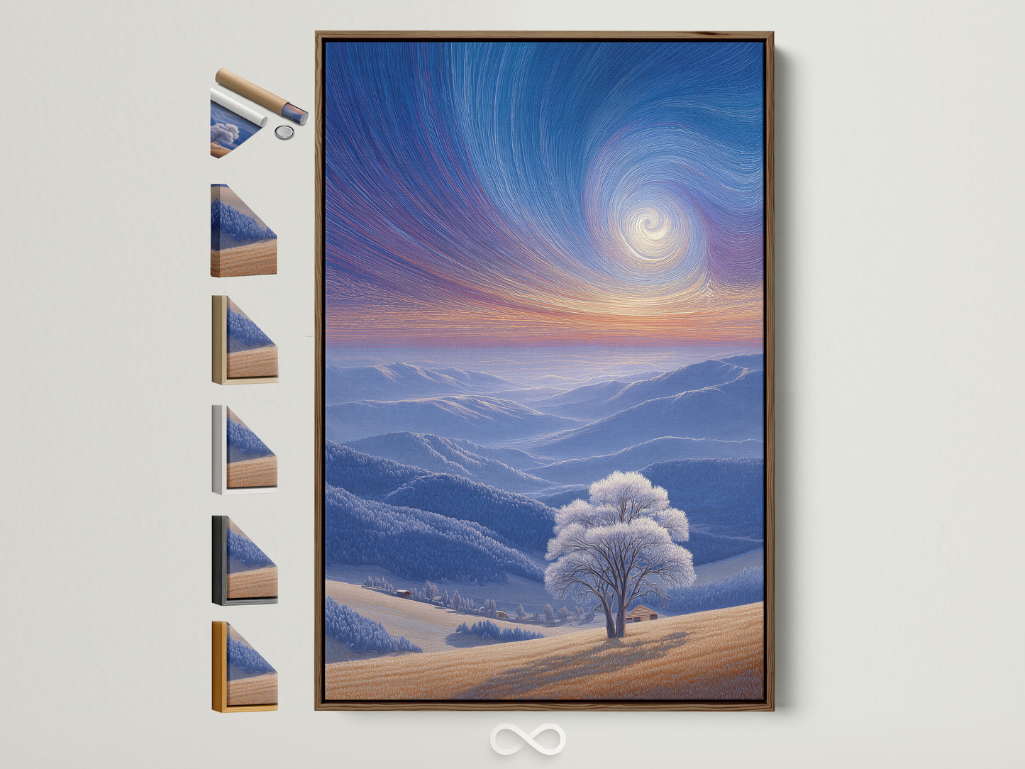 Explore framing options for your artwork. A brown frame showcases a captivating winter landscape art print. Various frame styles are displayed. Find the perfect frame to complement your unique art.