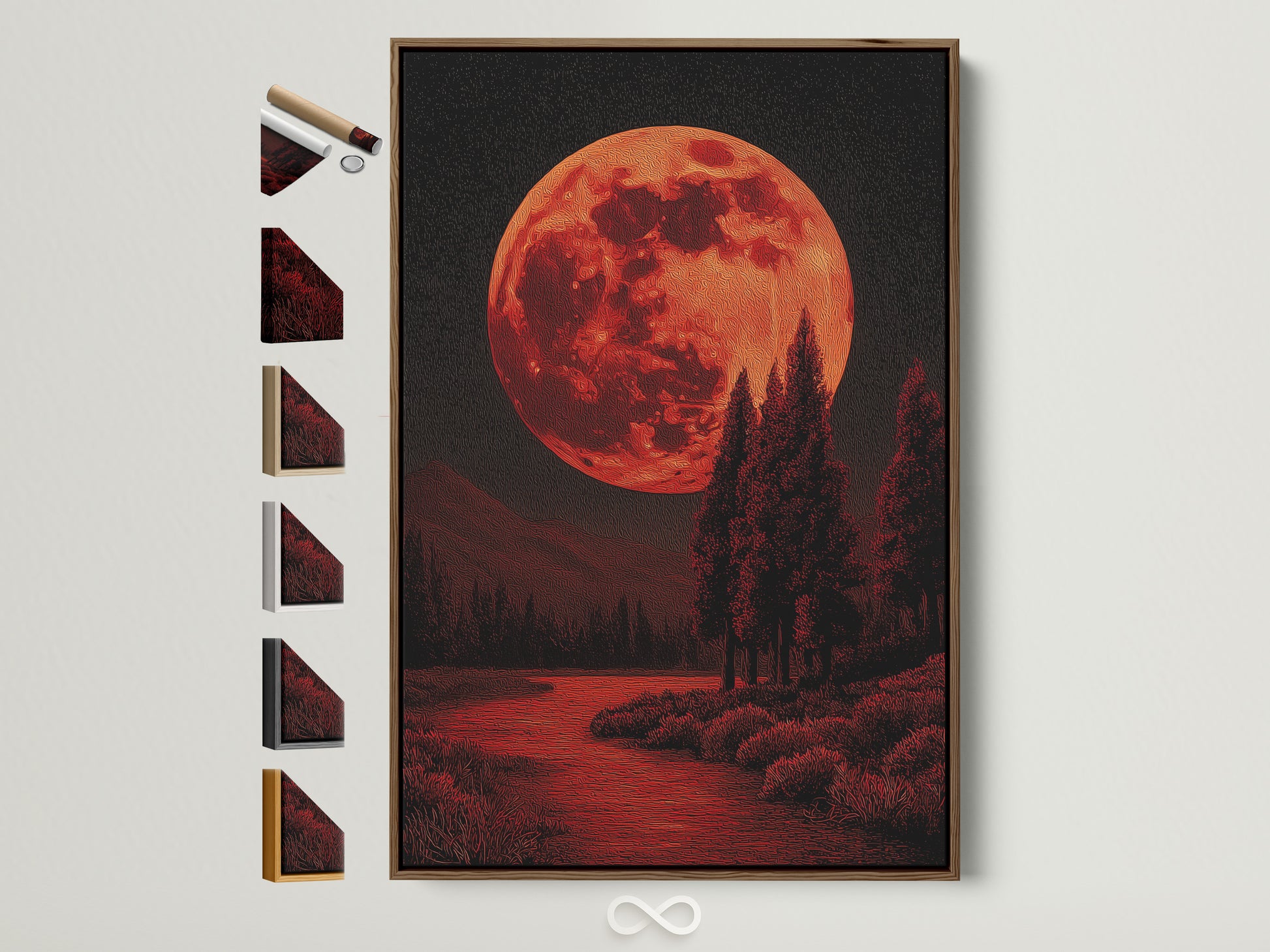 A captivating red moon landscape wall art is displayed in a brown frame. The artwork features a mystical forest print. All frame options are visible on the side. This piece adds gothic decor to any room.