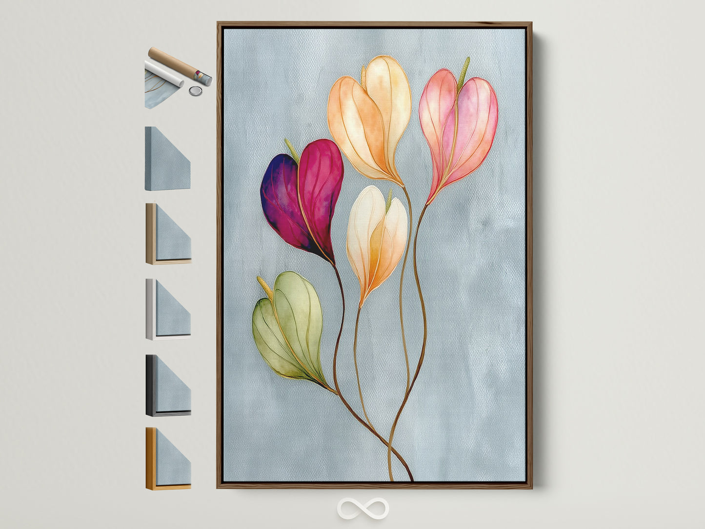 Floral watercolor canvas print in a brown frame is displayed. The frame has additional frame options shown on the side. This pastel botanical wall artwork is perfect for adding a modern flower artwork to your bedroom. It is ideal for spring decor and feminine art.