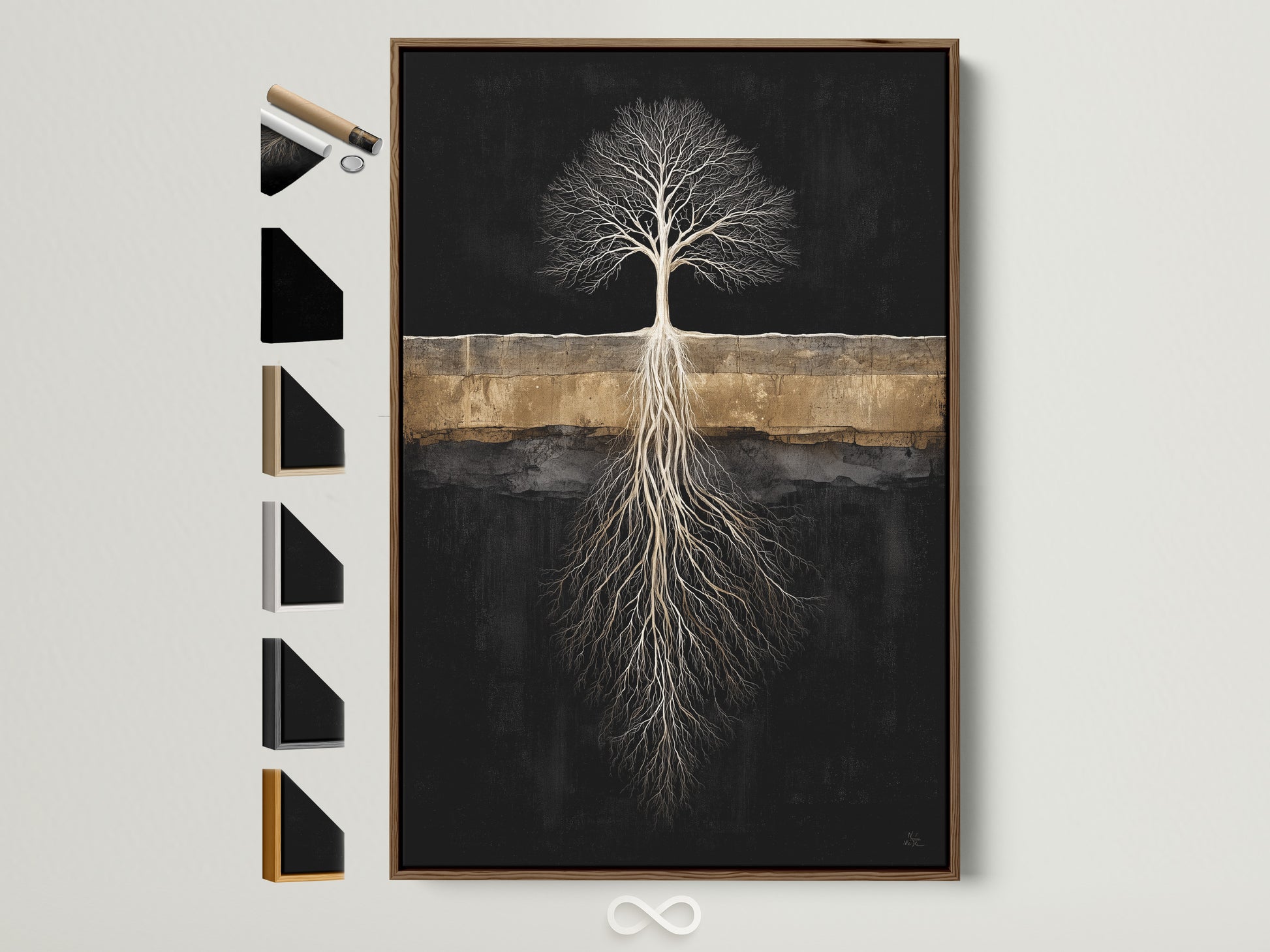 Tree of Life artwork is displayed in a brown frame. Various frame options are presented on the side. Find the perfect frame to complement your modern minimalist nature artwork. Ideal for contemporary wall decor.