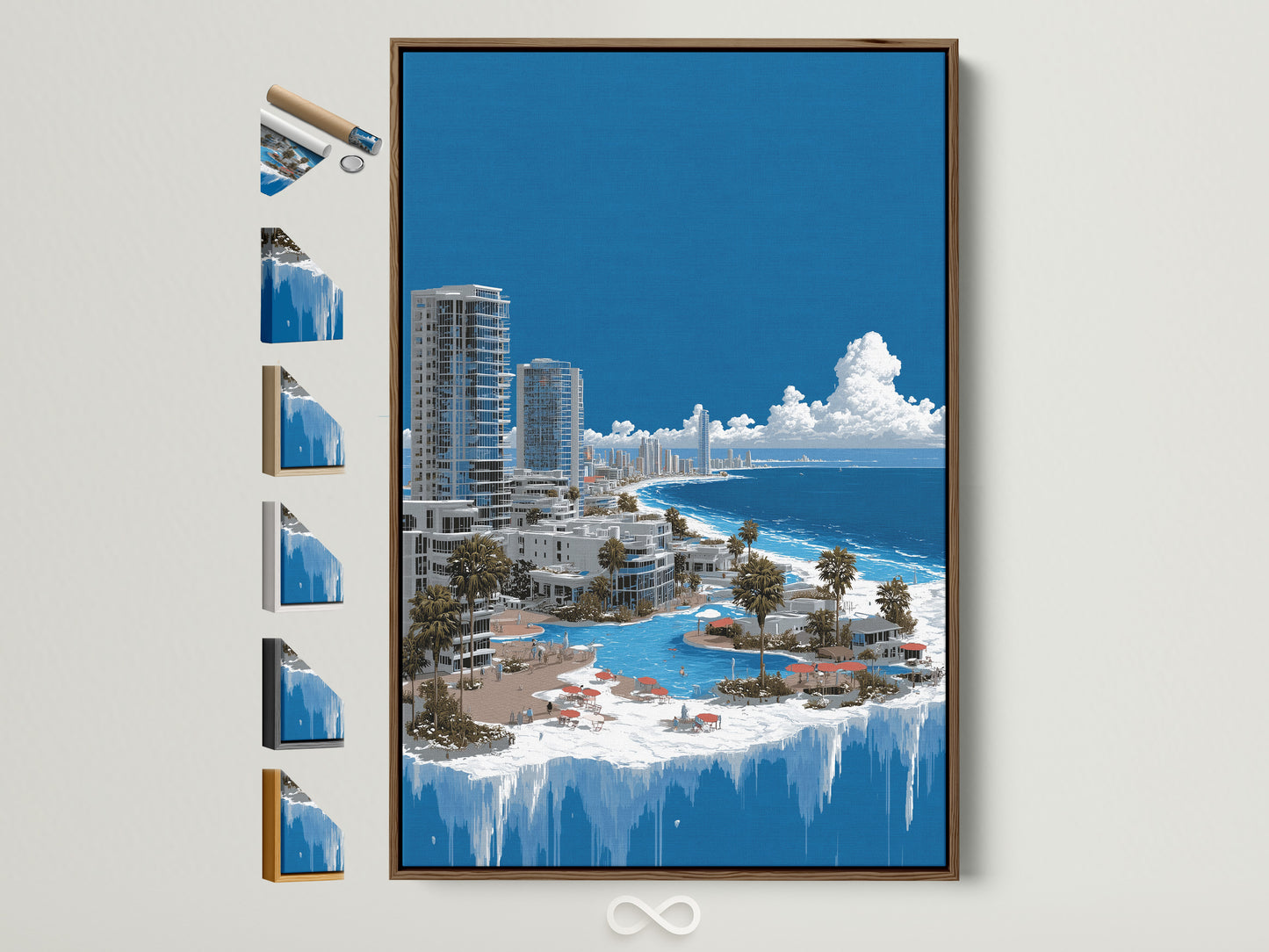 Surreal Frozen City art in a brown frame. See available frame options. Discover framed surreal artwork for coastal and modern home decor. Find the perfect fantasy landscape wall art.