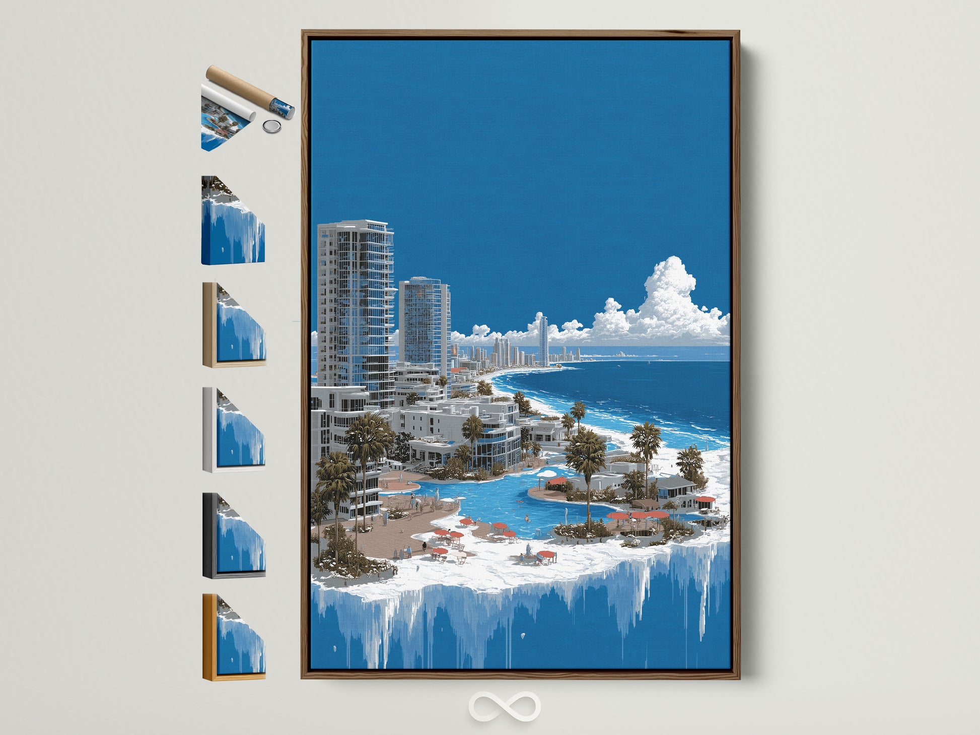 Surreal Frozen City art in a brown frame. See available frame options. Discover framed surreal artwork for coastal and modern home decor. Find the perfect fantasy landscape wall art.