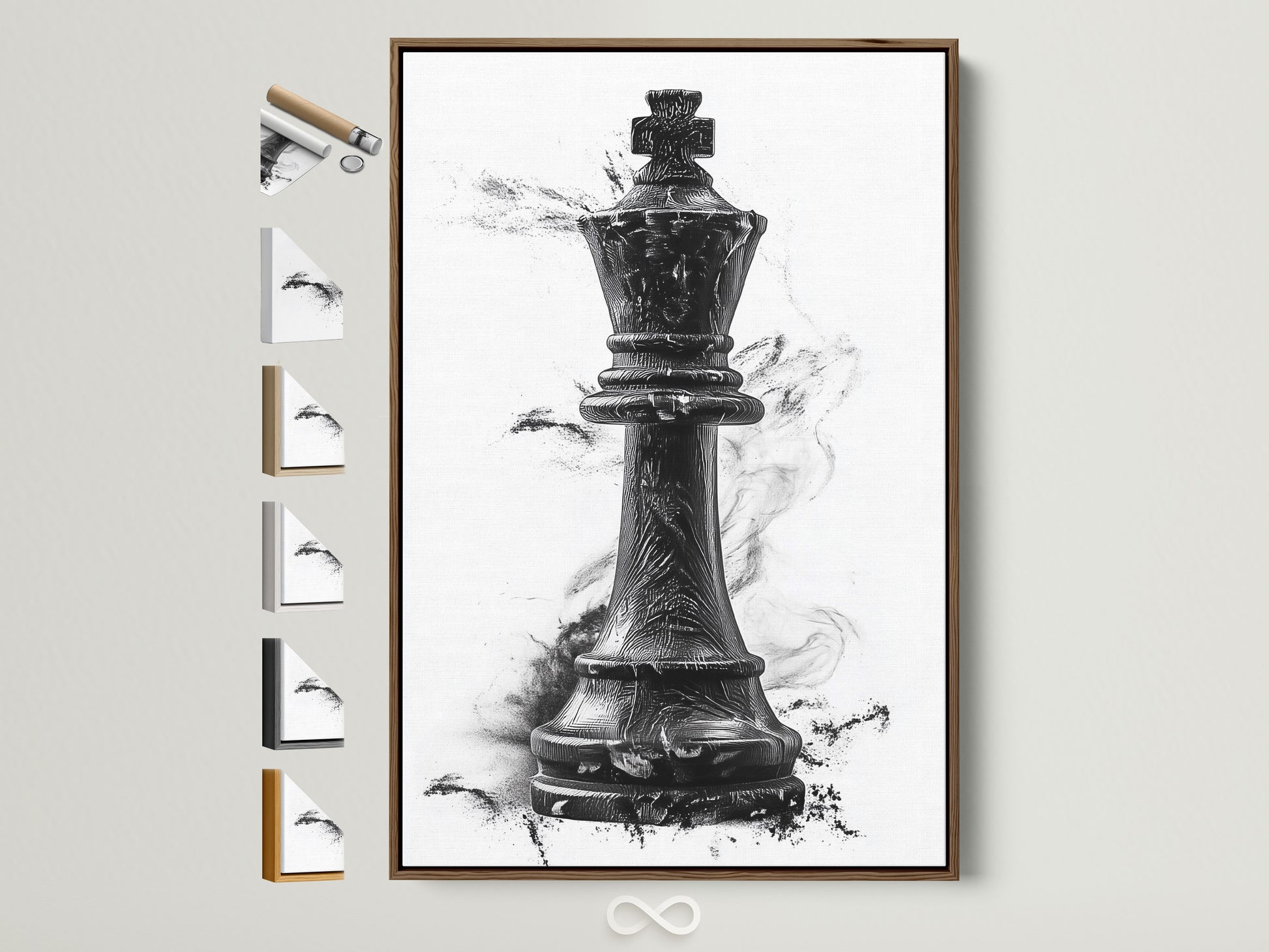 Artwork of a chess king piece in a brown frame. The frame is hung on a wall. All frame options are displayed on the side. Find the perfect frame to complement your artwork. Elevate your space with a stunning framed art piece.