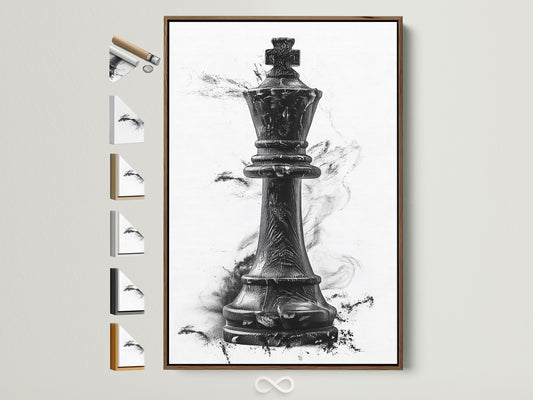 Artwork of a chess king piece in a brown frame. The frame is hung on a wall. All frame options are displayed on the side. Find the perfect frame to complement your artwork. Elevate your space with a stunning framed art piece.