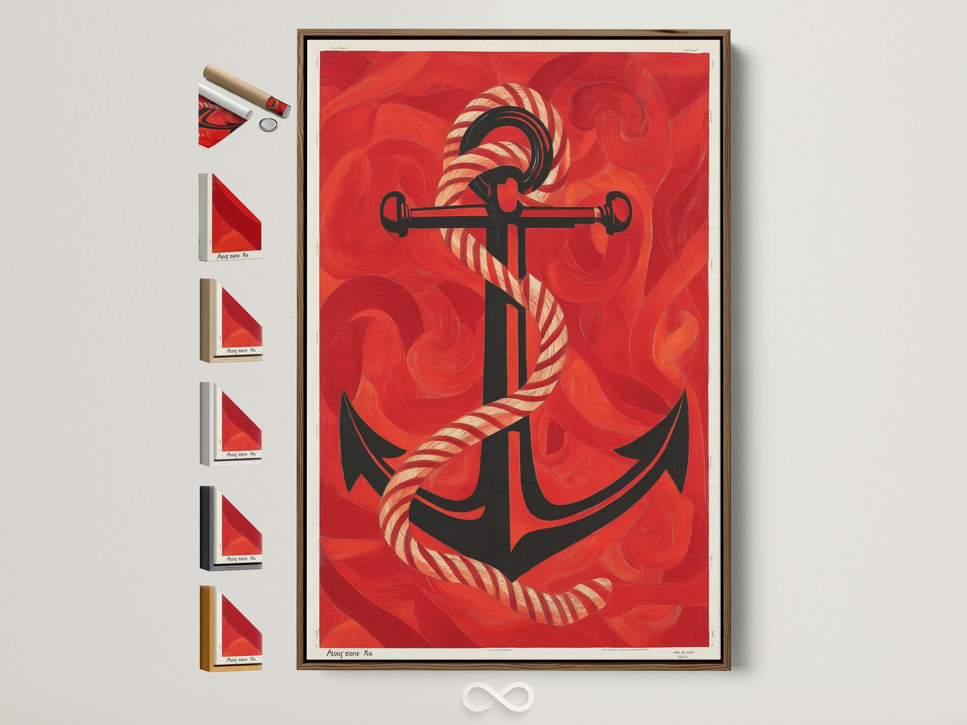 Nautical Anchor Art Print in a Brown Frame. This maritime wall decor features a red ocean canvas. It's perfect coastal home decor. This sailor gift captures a vintage anchor. The sea themed art elevates any beach house. A great choice for navy art lovers.