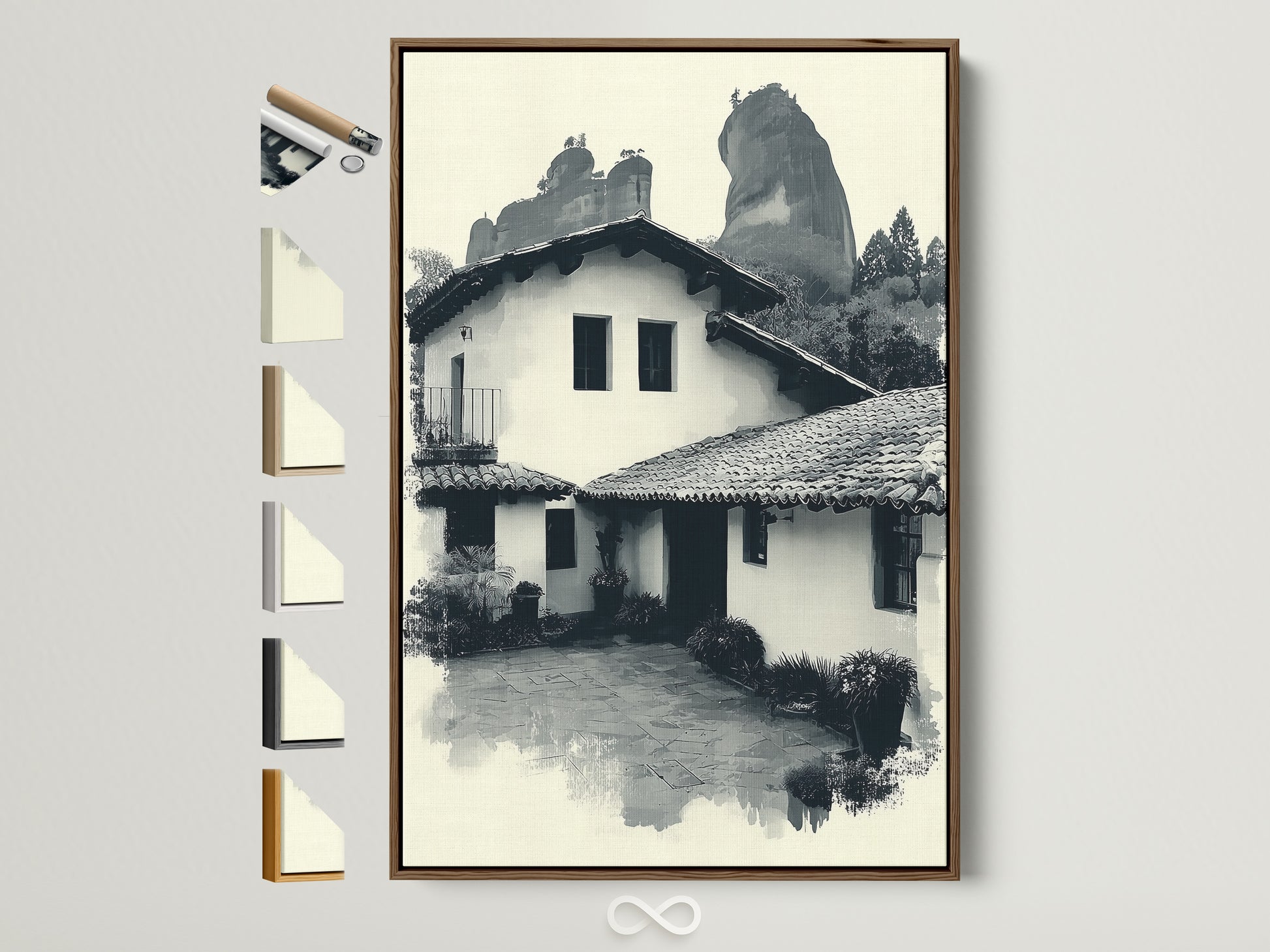 Monochrome Hacienda artwork with a rustic brown frame is displayed. A variety of frame options are presented beside it. This southwestern architecture poster is great for study decor. The muted tones offer vintage home art.
