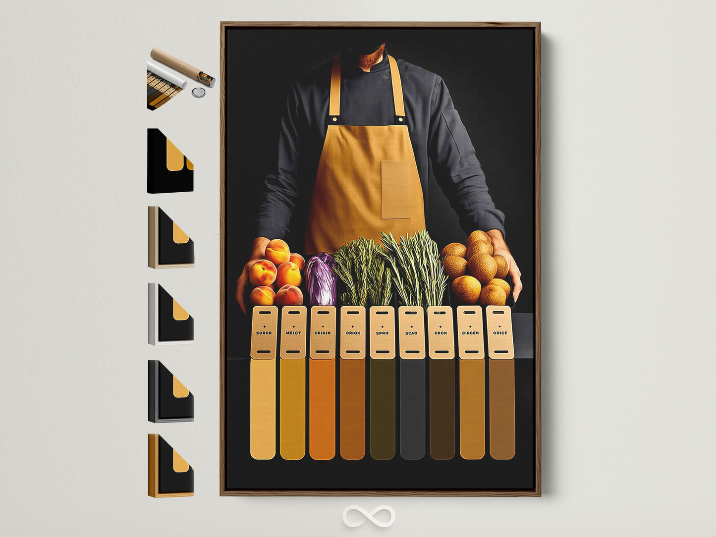 Culinary Still Life artwork in a brown frame. The image shows all the frame options available on the side.  This modern foodie art is perfect for dining room decor. It will add a touch of sophistication to any space. Ideal for chefs and restaurant owners.
