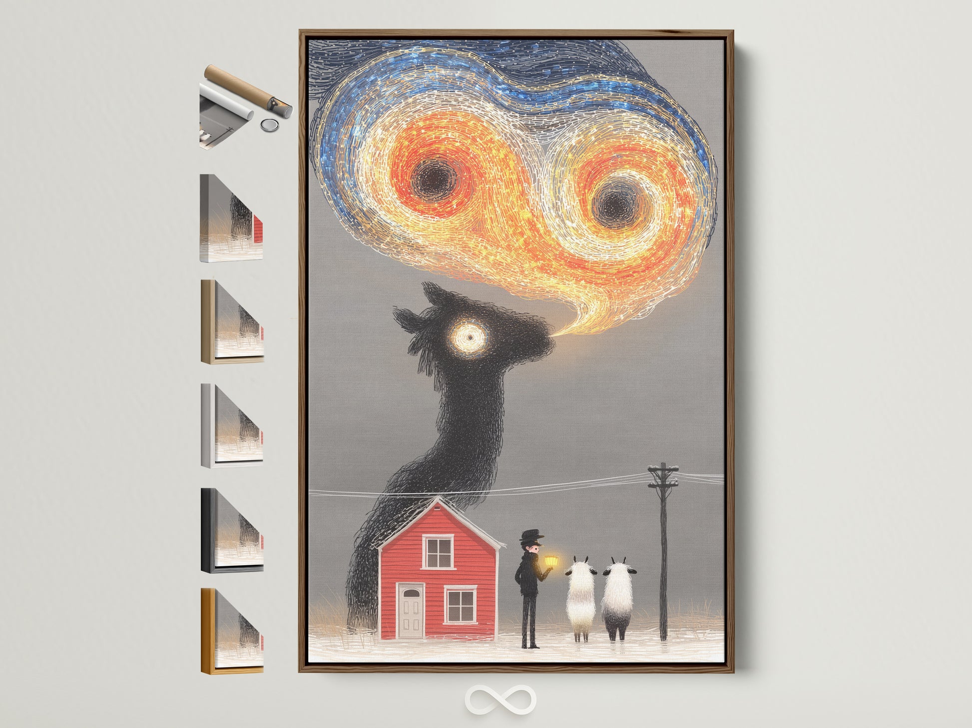 Brown frame displays the whimsical sheep art. It features a surreal print with a red farmhouse. Other frame options are visible. Elevate your space with this quirky animal artwork. Perfect for study or farmhouse decor. A touch of storybook charm for any room. This piece adds a dreamlike quality to your home.