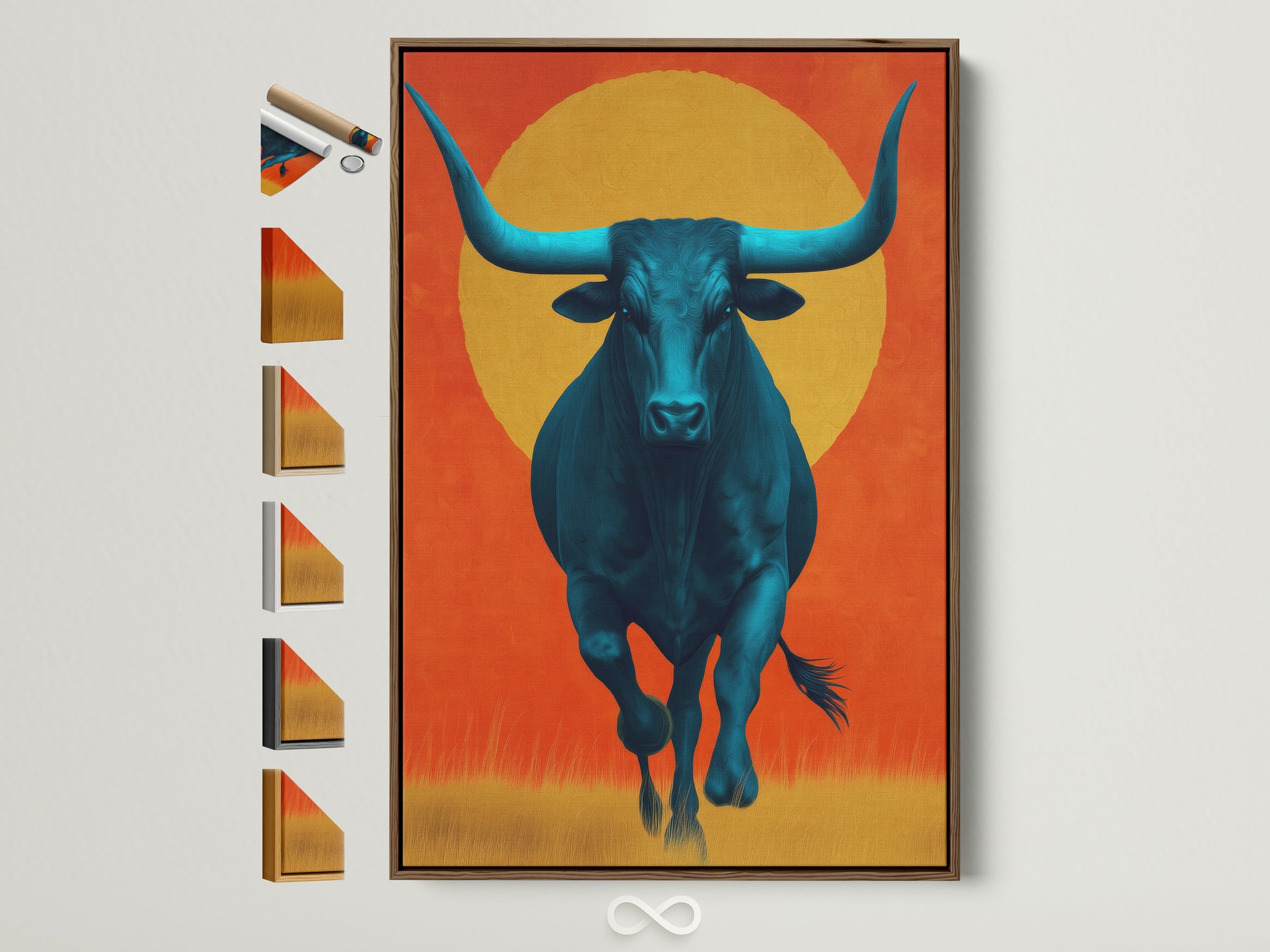 Explore framed Southwestern artwork featuring a teal bull. This modern farmhouse wall art is displayed in a brown frame. See all frame options available for this unique home decor. Perfect as a gift for him or anyone who appreciates animal artwork and western style.