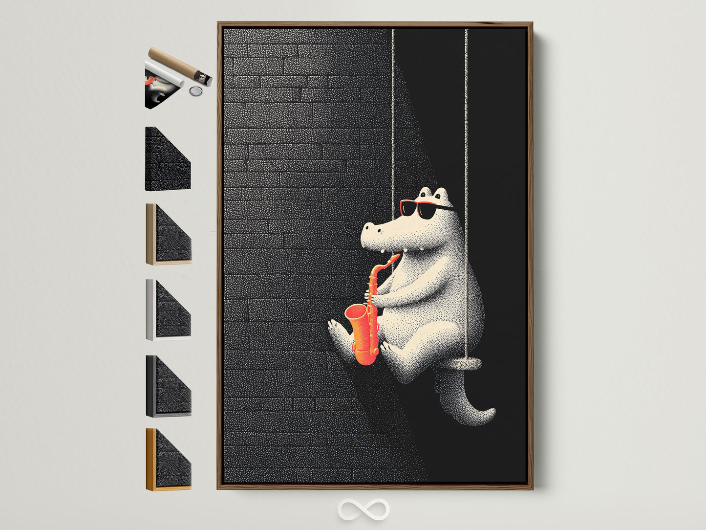 A captivating art piece is displayed within a brown frame. Notice the variety of frame choices presented on the side. This artwork is ready to enhance your space. Explore framing options and elevate your decor.