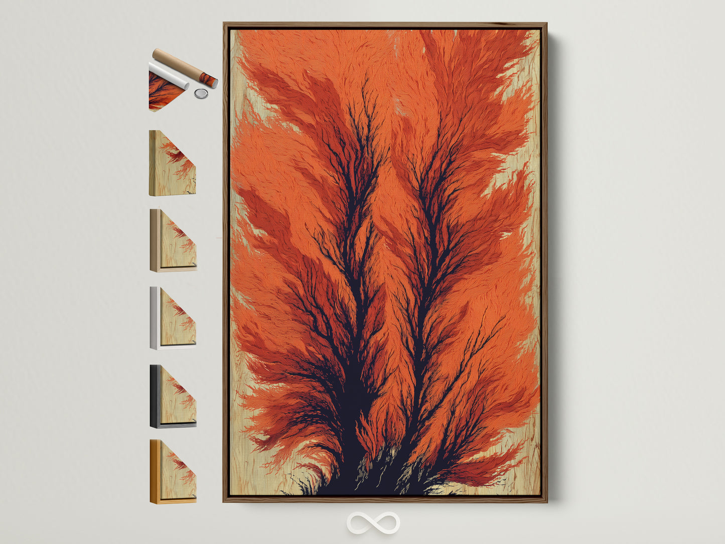 Explore frame options for abstract tree art. A brown frame is displayed alongside other frame choices. Find the perfect frame to complement your burnt orange wall art. Enhance your modern botanical artwork for study decor.