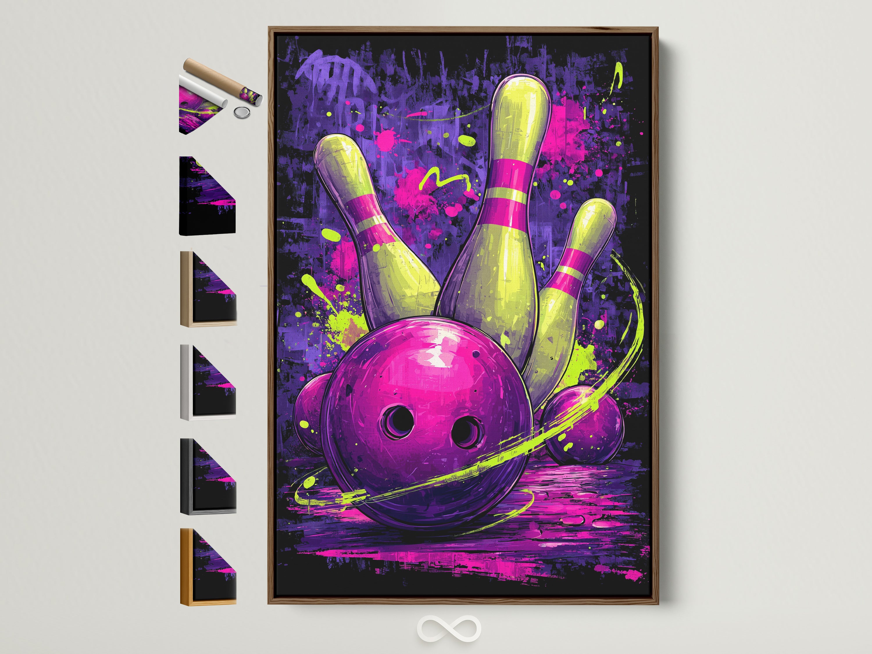Neon purple sports wall art featuring a bowling strike is showcased in a brown frame. This retro bowling alley canvas print adds a vibrant touch to any game room. Various frame options are displayed on the side. It offers a customizable aesthetic for your sports-themed decor.