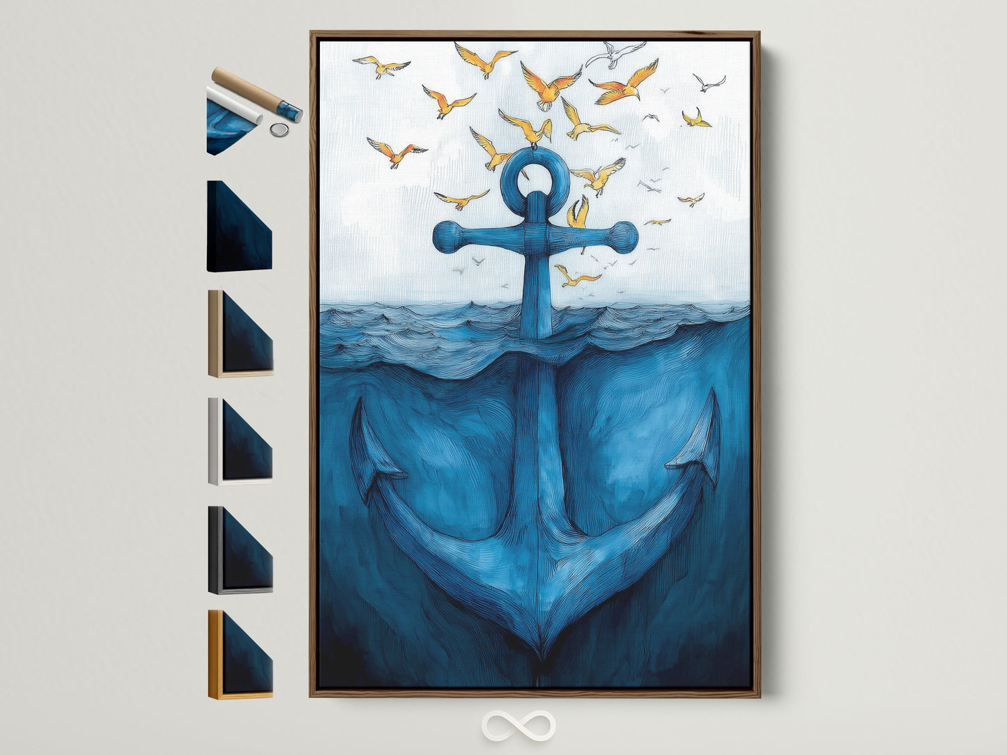 Anchor Canvas Print showcases multiple frame options. The brown frame elegantly highlights the coastal birds artwork. It's perfect for adding a nautical touch to any space. A beautiful ocean theme for bathroom wall art. This is a great ocean lover gift.