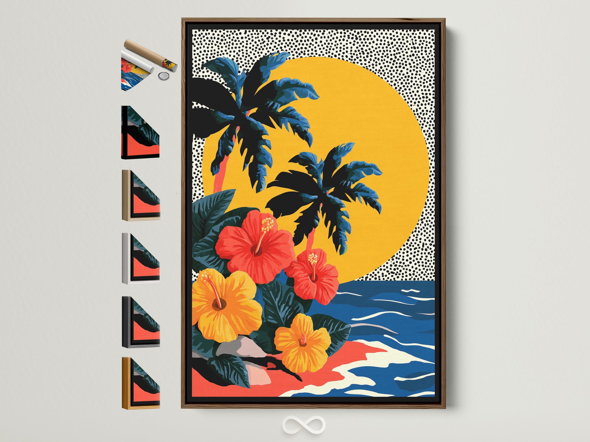 The image shows a framed artwork with a brown frame. All frame options are displayed on the side. The artwork features palm trees hibiscus flowers and a sun against a dotted background. The print is mounted on a wall in a well lit room. The shadow of a curtain can be seen.