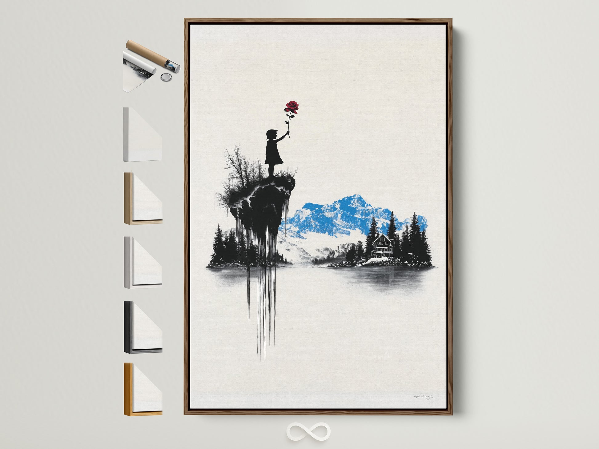 Artwork featuring a brown frame. The art inside depicts a child holding a red flower. Mountains and a house are in the background. See all our frame options to customize your artwork.