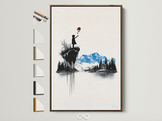 Artwork featuring a brown frame. The art inside depicts a child holding a red flower. Mountains and a house are in the background. See all our frame options to customize your artwork.
