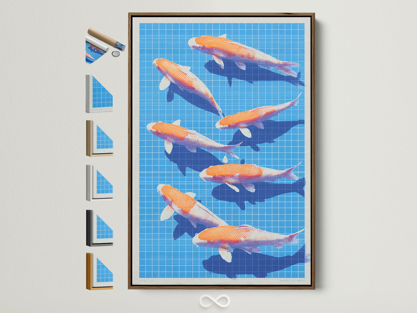 Koi Fish artwork in a brown frame. See all frame options available. This modern Japanese wall art features blue and orange hues. Elevate your office decor with this vibrant piece. Perfect for minimalist and contemporary styles.