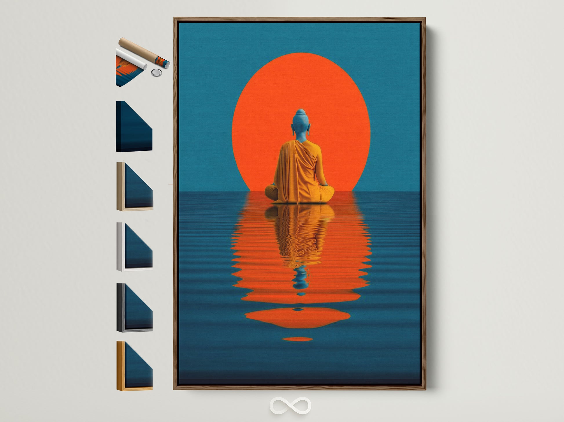 A serene teal and orange Buddha artwork hangs on a white wall. It features a brown frame. See all our frame color and style options on our website. This meditation wall art adds a peaceful touch to any space. Perfect for yoga studios living rooms and bedrooms. Find spiritual gifts and zen decor for modern homes.