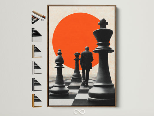 Brown frame displays a chess themed artwork. The art features chess pieces and a person against a red sun backdrop. Frame options are visible on the side. Enhance your space with this framed print.