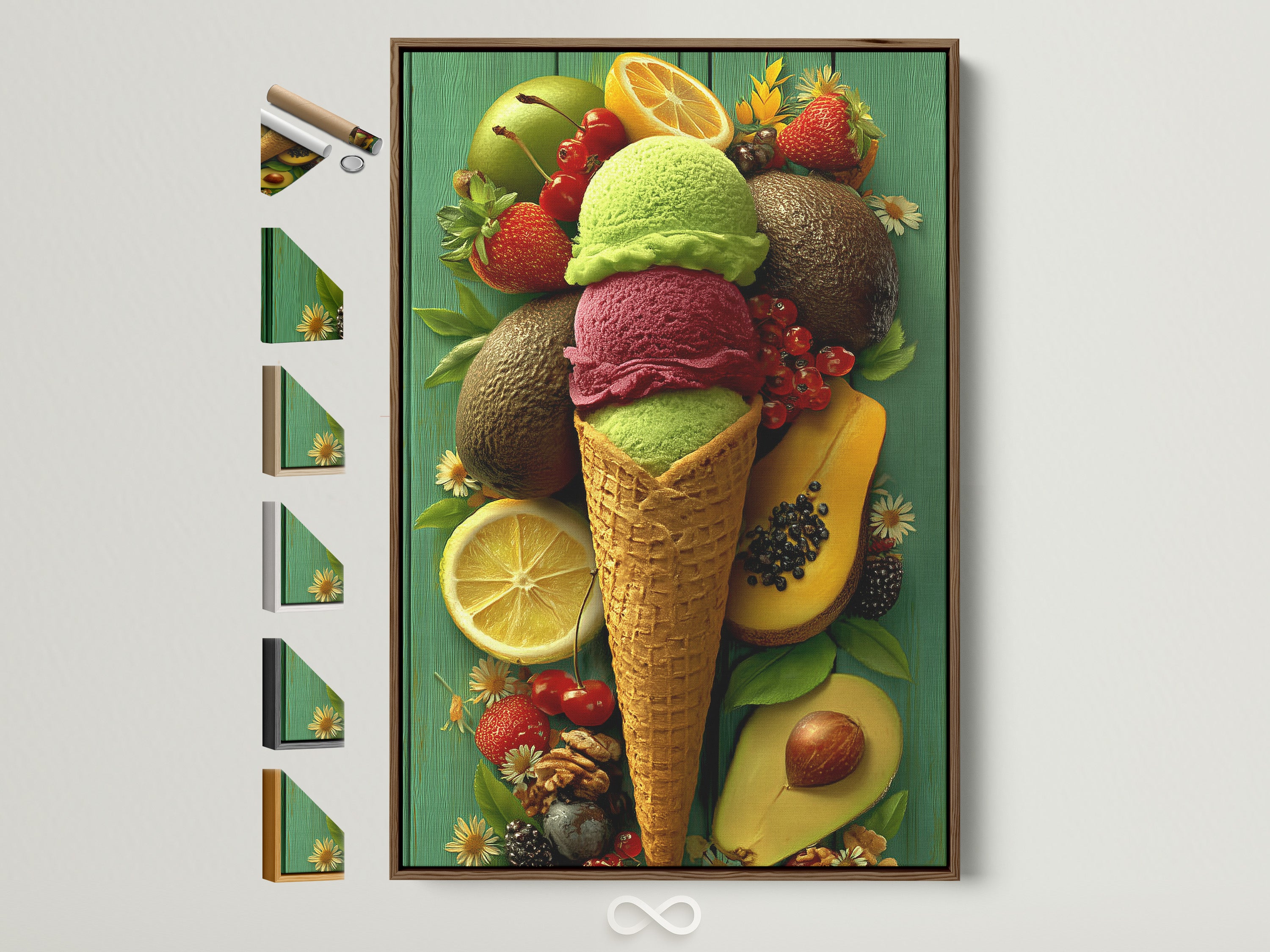 A vibrant framed art print is showcased. It features a triple scoop ice cream cone. The backdrop includes an array of fresh fruits. Frame options are displayed beside the artwork. Enhance your space with unique framed artwork.