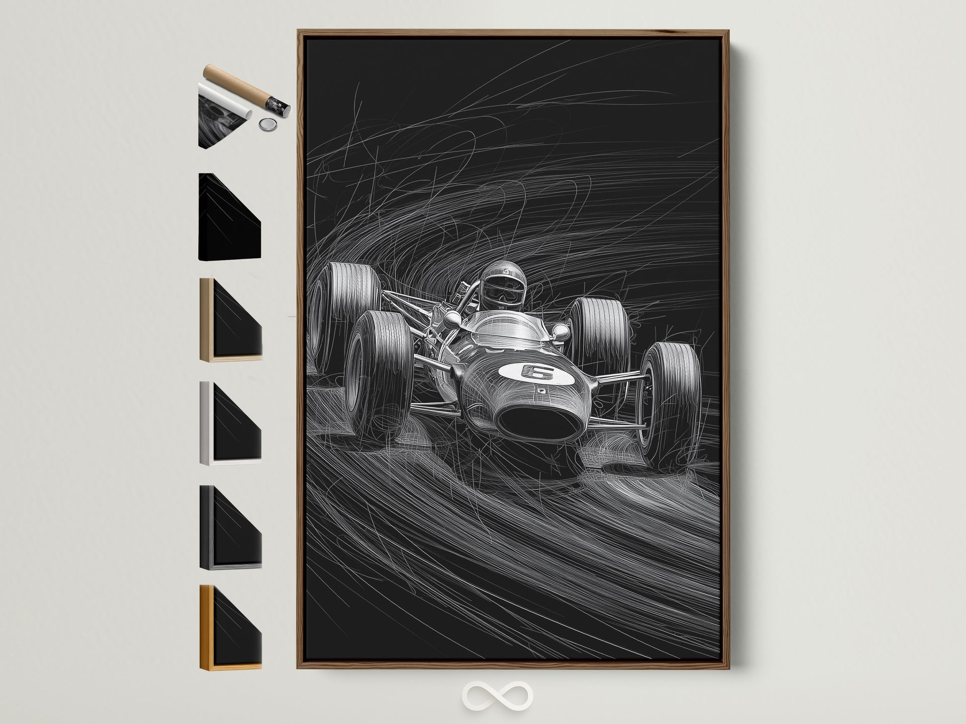 A framed artwork is displayed with various frame options presented beside it. The brown frame elegantly complements the artwork. Explore different frame styles to enhance your space. Find the perfect frame to showcase your favorite art.